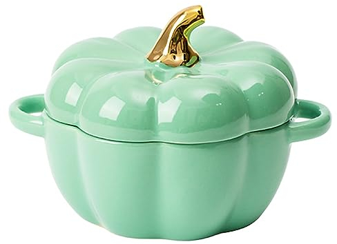 Dutch Oven Pot with Lid, Pumpkin Ceramic Dessert Cooking Pot, Mini Baking Mould, Cute Pumpkin Bowl, Covered Dutch Oven Ceramic Soup Pot, Pumpkin Shape Casserole (Green)