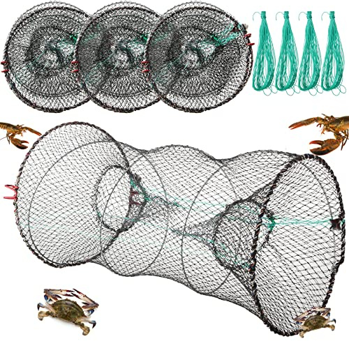 4 Pack Fishing Bait Trap Crab Trap Minnow Trap Crawfish Trap Lobster Trap Crayfish Shrimp Trap Net Portable Collapsible Fishing Traps with 49 Ft Rope Folded Fishing Accessories, 12 x 24 Inch (Black)