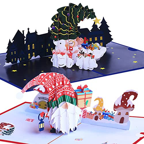 Oneshlee 2 Stück Weihnachtskarten Mit Umschlag Set, Weihnachtskarten 3D, Pop Up Karte Weihnachten, Grußkarten Weihnachten Mit Cartoon Nikolaus Wichtel, Personalisiert, Für Familie Kinder