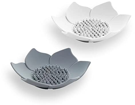 Cawein Blütenblatt-Seifenschale mit Abfluss 2 Stück, Badregal aus Kunststoff (weiß und grau)
