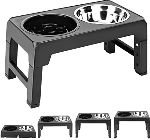 Elevated Dog Bowls, Raised Dog Bowl with Slow Feeder Dog Bowl & Stainless Steel Bowl, Comfortable, Anti-skid & Portable Dog Bowls, Easily Adjust 4 Heights for Small Medium Large Dogs, Cats