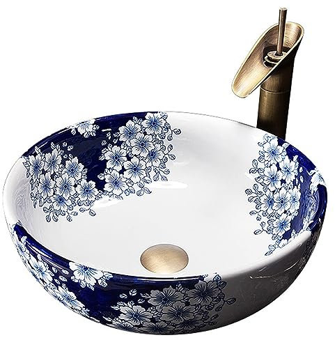 ZTGL Retro Lavabo en Céramique, Design en Porcelaine Bleue et Blanche, Vasque à Poser Ronde, Moderne, Lavabo de Comptoir Élégant, avec Robinet et Ensemble de Drainage Evier à Poser