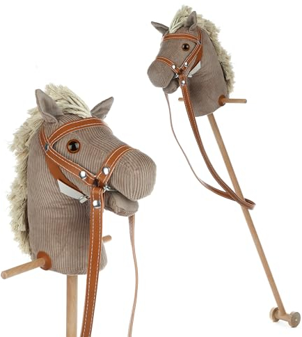 Mumbee Steckenpferd für Kinder Hobby Horse Top Qualität mit Haltegriffen und Rollen aus Holz Pferdefreunde süßes Spielzeug Pferd Cord Beige 95cm von 3 Jahren