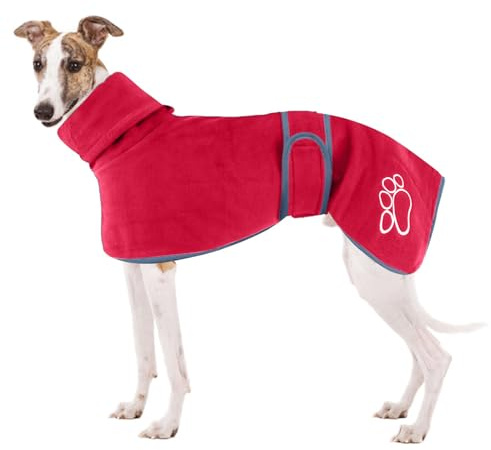 Windhund-Fleecemantel - Whippet & Lurcher Kuschelpullover, Hundejacke mit warmem Fleecefutter und verstellbaren Bändern für Salukis (L, Rot)
