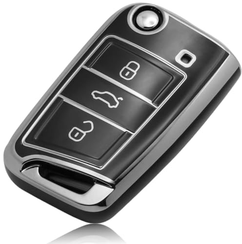 FOAMO Autoschlüssel Hülle - Kompatibel mit VW Golf 7, SEAT, Skoda - TPU Schlüssel-Schutzhülle in Schwarz und Silber