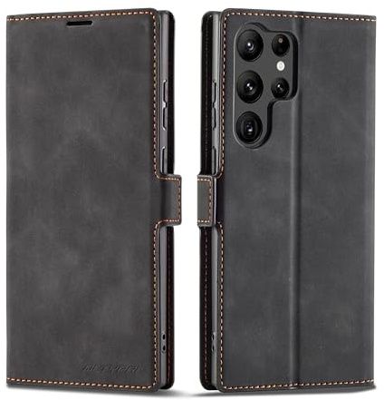 QLTYPRI Hülle für Samsung Galaxy S24 Ultra, Premium Lederhülle, Schwarz | Retro PU Leder Klapphülle, Handyhülle mit 3 Kartenfächer, Standfunktion, Weicher Dünne TPU-Rahmen, Stoßfeste Flip Wallet Case