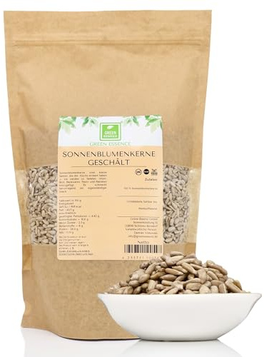Sonnenblumenkerne 1kg Geschält Sonnenblumen Körner von Green Essence | Geschälte Hochwertige Sonnenblumen Kerne, ohne Salz, Schalenfrei, zum Backen, für Salate, als Snack, Schmackhaft & Groß, 1 kg