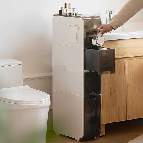 Schmaler Badezimmer-Aufbewahrungsorganisator aus Kunststoff, Toilettenpapierständer, freistehende kleine Schränke für kleine Räume, weiß