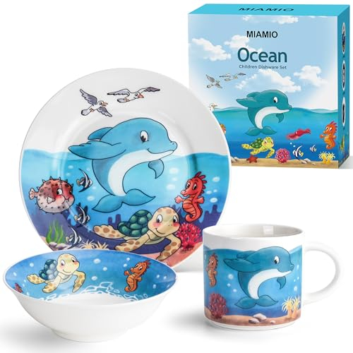 MIAMIO - Set di 3 stoviglie per bambini/piatti per bambini, set di piatti per bambini, set di stoviglie per bambini - include piatti, ciotole e tazze - per bambini e bambini piccoli (Oceano)