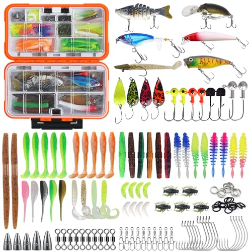 Mofonky Angelzubehör Set Forellen Köder: Forellenköder mit Box für Hecht Barsch Zander - Angelköder inkl. Spoons Forelle Wobbler Gummifisch