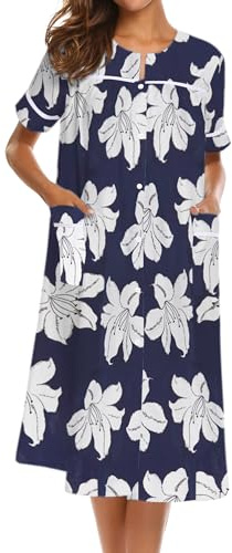 Ekouaer Vestido de casa para mujer con bolsillos, con botones, abrigo de manga corta, vestido de patio, camisón S-XXXL, Flor azul marino , XXXL