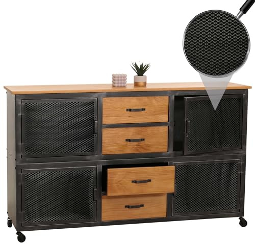 Mendler Sideboard HWC-N28 90x150x40cm Metall - schwarz, Natur | Kommode, Rollen, 4 Schubladen, 3D-Struktur, Industrial, Retro, Holz