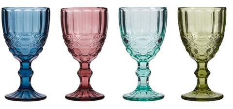 Dibor Wine Glasses Set of 4 Embossed Vintage Style Baroque Wine Goblet Glassware Set Dishwasher Safe Wine Glass Set Colourful Footed Chalice Tumblers (Assorted)