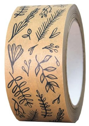 INKKIN Recyclable, Patterned Paper Packing Tape | Botanical Floral | 50mm (Black/Brown)