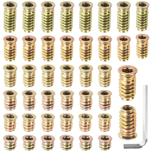 Prebarfun 80 Stück Einschraubmutter M6, Gewindeeinsatz Holz M6 mit Sechskantschlüssel, Hex Innensechskant Mutter für Holzmöbel, Zink Legierung Einschlagmuttern für Holzmöbel, Gewinde Reparatur