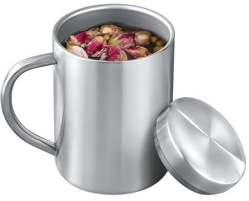 Tazas y tazas de acero inoxidable, tazas de metal de 500 ml, 400 ml, 300 ml, 200 ml, taza de café y té aislada con tapa y asa para camping y uso diario, doble pared a prueba de fugas (plata, 500 ml)