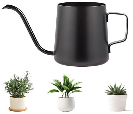 Regadera de 250 ml de boquilla larga negra, mini regadera de jardín de acero inoxidable negro para plantas pequeñas de interior, plantas de interior, suculentas