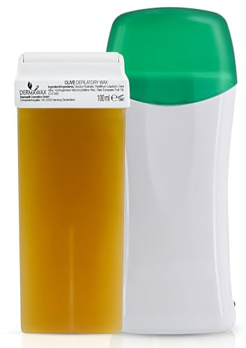 Dermawax Roll on Wachswärmer- Olive Warmwachs Wachspatrone- Waxing Set zur Haarentfernung -Enthaarung von Beine Arme Rücken- Anwendung mit Vliesstreifen
