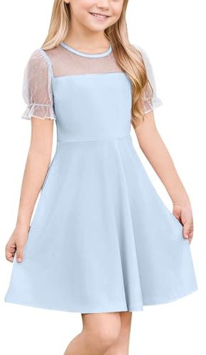 JiAmy Vestido Niña Verano - Mangas Globos Princesa, Detalle Tul Volante Elegante, Ropa Infantil para Edades 5 a 14 Años