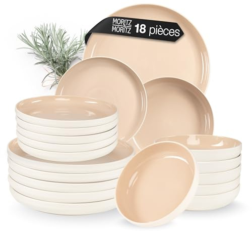 Moritz & Moritz Steingut Geschirr Set 6 Personen – 18-tlg. Teller Set mit Servierteller, Dessertteller & Suppenteller – Farbe Almond – Serie Cavo