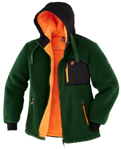 Terrax Workwear Herren Faserpelzjacke aus Coralfleece-Stoff - Warme Kapuzenjacke mit Taschen in Forstgrün-Orange Größe M
