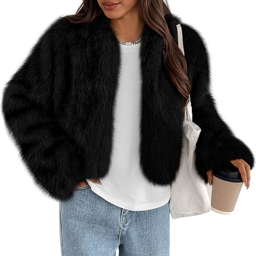 PRETTYGARDEN Womens 2026 Winter Coats Fluffy Cropped Faux Fur Jacket Long Sleeve Open Front Shaggy Outerwear Trendy Clothes (Black,X-Small)