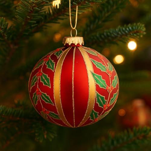 Varzi desde 1956 - Bola de Navidad roja con rayas doradas y diseño de acebo - Elegante adorno clásico para árbol de Navidad y decoración de interiores, 12 cm