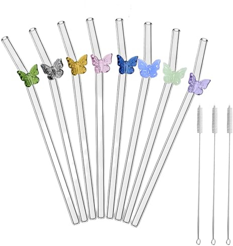 GWAWG 8 cannucce in vetro a forma di farfalla, colorate riutilizzabili, cannucce in vetro borosilicato lunghe con 3 spazzole per la pulizia, cannucce in vetro per frullati, cocktail, succhi di frutta