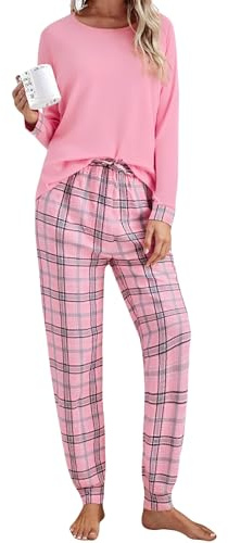 Litherday Pigiama Donna Invernale Cotone Due Pezzi con Manica Lunga e Pantaloni a Quadri Collo Rotondo con Tasche Comodo per Casa