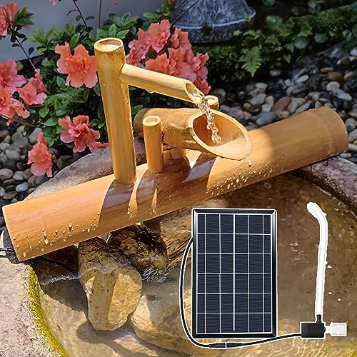 Fontana di bambù solare da giardino con pompa e filtro, fontana decorativa in legno per esterni e circolazione dell'acqua