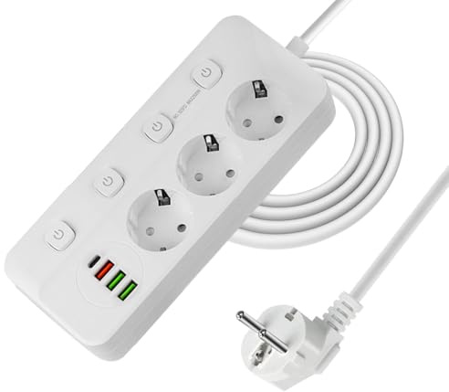 YANGUN Steckdosenleiste Einzeln Schaltbar, 3 Fach Mehrfachsteckdose mit 3 USB und 1 Type C, Verteilersteckdose mit 2M Verlängerungskabel, Steckdosenleiste Wandmontage für Zuhause, Büro (Style 1)