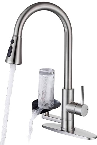 HAMOLER Kitchen Faucet with Cup Washer Single Handle Pull Down Kitchen Sink Faucet with Glass Rinser Brushed Nickel Pull Sink Faucet 1 or 3 Hole, Suitable for Laundry Rv Bar