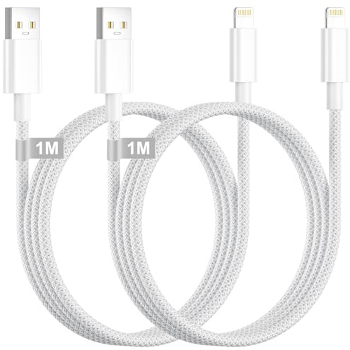 Poukey Cable iPhone 1M 2Pack, [Certificado MFi] Cable Lightning USB Cable Cargador iPhone Carga Rapida Cable iPhone Nylon Cable Carga iPhone Cable Lightning para iPhone 14 13 12 11 Pro Max/XS/8/SE