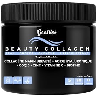 BOOSTIES Beauty Collagen - Collagène marin breveté en poudre 5 000 mg + Acide Hyaluronique, Vitamine C, Zinc, Biotine – Peau, Cheveux, Ongles - Efficacité prouvée - Type 1 et 3-150 g (30 portions)