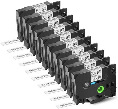 ZJNWTVUH Paquet de 10 Rubans d'étiquettes Noir sur Argent, Ruban laminé Compatible avec Les imprimantes PT 1010