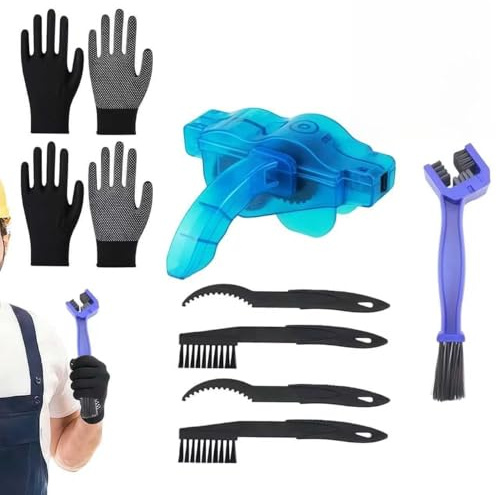 CZAYEFNH Kit Limpieza Cadena Bicicleta 8 Piezas Limpiador Cadena Bici Azul con cepillos y Guantes para Mantenimiento MTB Carretera Urbano