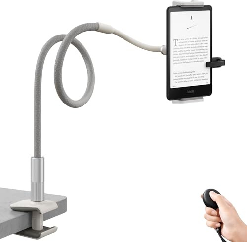 SAIJI 100CM Gooseneck Kindle Holder with Page Turner, Tablet Holder for Bed, Flexible Lazy Arm，Free Hands Kindle Accessories, Leather Tablet Stand for Reading in Bed, Gray