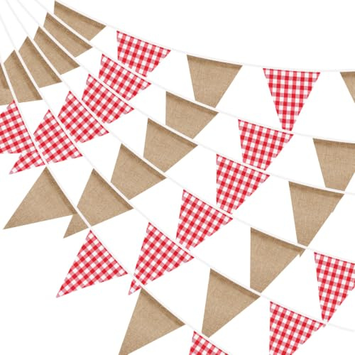 G2PLUS 10m Guirnalda de Banderines Rojo y Marrón,Banderines Decorativo | 36 Banderines de algodón y lino con cuadros para jardín,cumpleaños,bodas,bautizos,Navidad y fiestas campestres