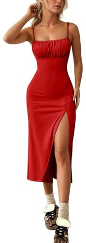Dam Hängselklänning Omlott Byst Hög Slits Höft Lång Klänning(Red,L)