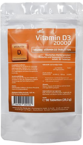 Vitamin D3-20000 IE - 90 Tabletten - Hochdosiert - 20 Tagesdosis - 1000 I.E. pro Tag
