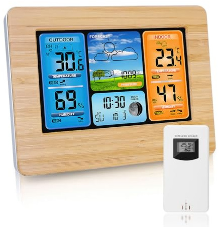 Houkiper Station Météo Avec Intérieure Extérieure Capteur Sans Fil Thermomètre Hygromètre Baromètre Phase De Lune écran LCD Couleur Numérique Snooze Réveil Chambre Salon