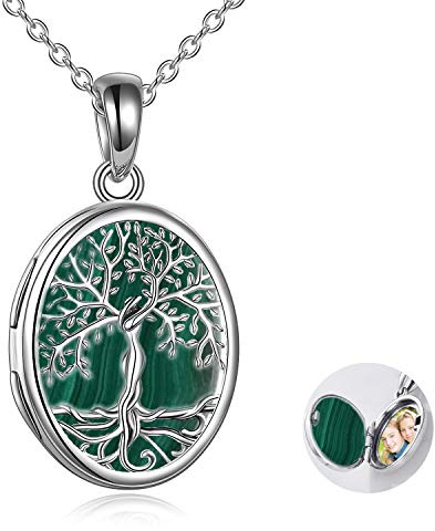 YAFEINI Medaillon-Halskette,Sterling Silber Baum des Lebens Perlmutt/Abalone-Muschel Anhänger Schmuck Foto Bilder für Frauen (Malachit)
