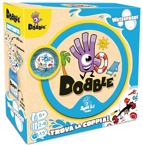 Asmodee - Dobble: Waterproof, Pack Ecosostenibile - Gioco di Carte per Tutta la Famiglia, Resistente all’Acqua, 2-5 Giocatori, 6+ Anni, Edizione in Italiano