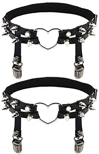Adove Women Adjustable Leather Thigh Garter, Heart Shaped Leg Garter with Clips Punk Goth Garters for Thigh High Socks Black(2P Black Heart-Shaped)