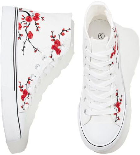 kufeiti Women's Embroidered High Top Canvas Sneakers White Floral Lace-up Comfortable Casual Fashion Sneakers(White PB, US8)