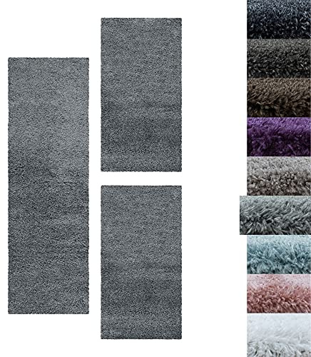 SIMPEX Bettumrandung Schlafzimmer 3teilig Shaggy Hochflor Teppich Hellgrau Bettset: 2 mal 80x150 + 1 mal 80x250 - Schlafzimmer Teppich 3 Teilig Läufer Extra Weich Flauschig Bettvorleger Läuferset