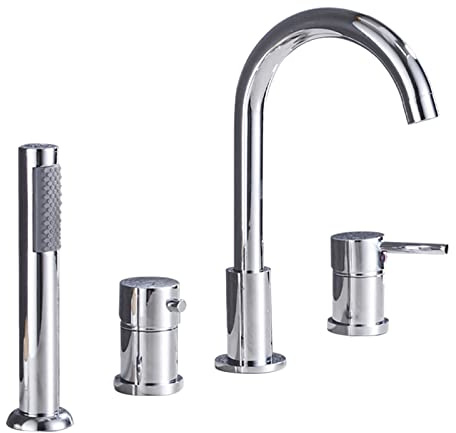 Deck Mounted 4 Tap Hole Bath Shower Mixer Tap and Shower Kit Hot and Cold Single Handle Bathtub Mixer Tap with Pull Out Handheld Shower for Bathroom Bath Mixer Tap, Chrome