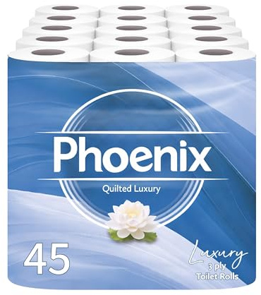 45 Phoenix Soft Quilted Luxury Toilet Rolls Bulk Buy – Quilted White 3 Ply Toilet Paper - Pack of 45 Toilet Tissue (9 x 5 Packs) 150 Sheets per roll (6,750 Sheets)