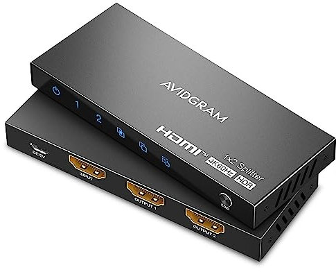 HDMI Splitter 1 in 2 Out 4K 60Hz 4:4:4, AVIDGRAM HDMI Splitter 1 in 2 Outputs with Downscaler for Double Identical Display Support 1080p 120Hz HDMI2.0 HDCP 2.2 HDR10 Dolby Vision 18Gbps 3D