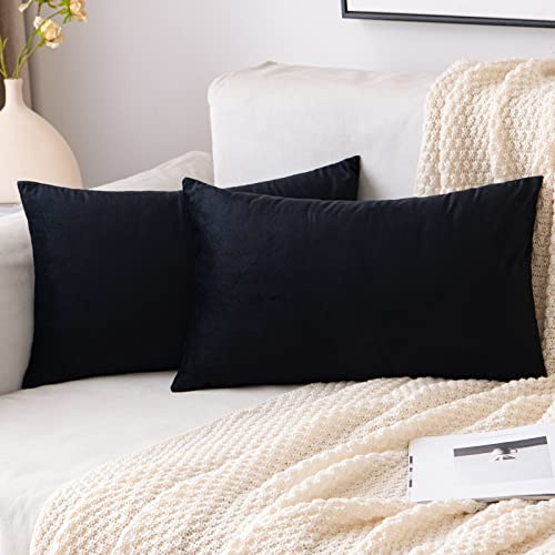 EMEMA Kissenbezug 30x50 Samt Dekokissen Schwarz Kissenhülle Sofakissen Dekorative Pillow Case Home Decoration Lendenkissen Wurfkissenbezug Sofa Wohnzimmer Schlafzimmer 2er Set